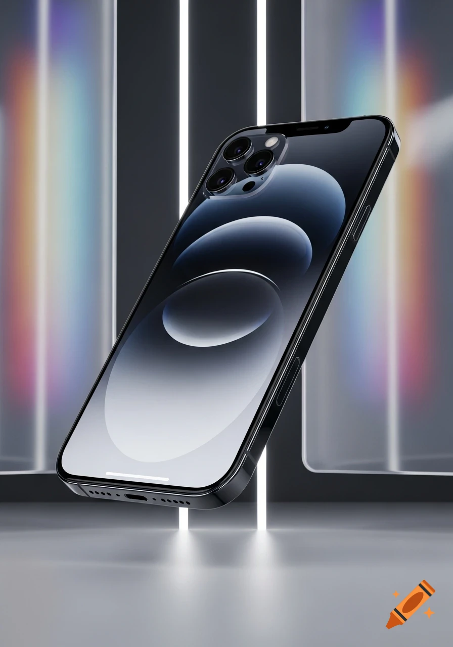 Sleek black smartphone with a multi-lens camera system, angled against glowing vertical lights with colorful reflections.