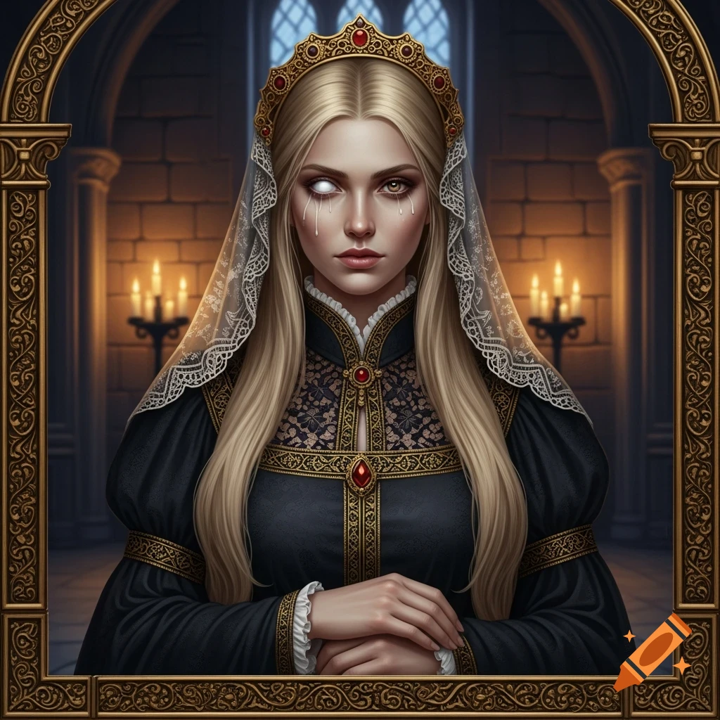 Blonde woman with one milky white eye, one brown eye, wearing a black medieval dress, sheer veil, and crown in a candlelit stone hall.
