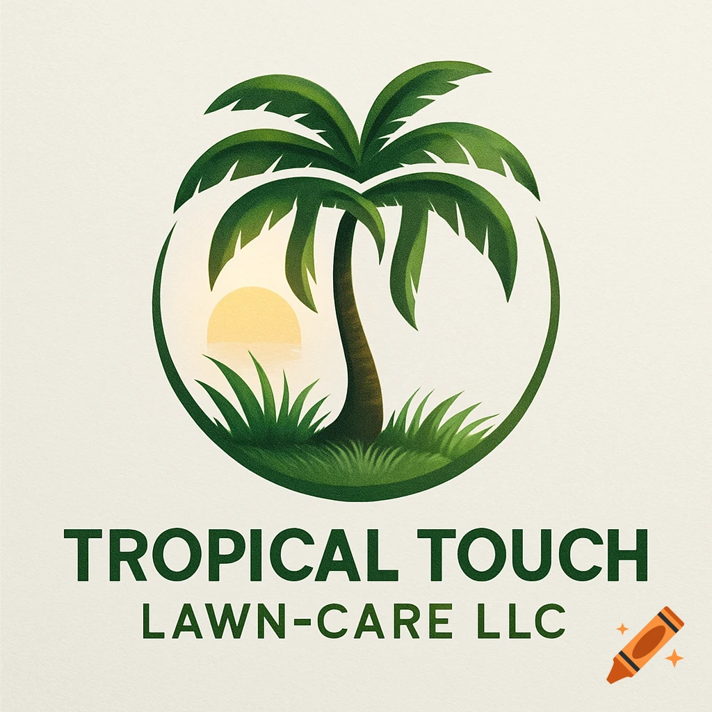 Logo for Tropical Touch Lawn-Care LLC with a palm tree, grass, and sun in a green circular design.