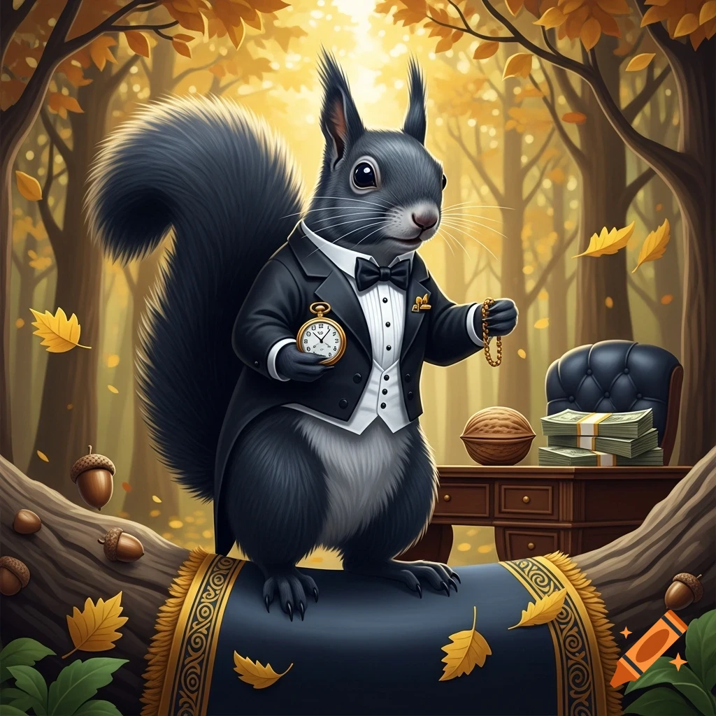 A dapper black squirrel in a tuxedo holds a pocket watch in an autumn forest with a desk of money.