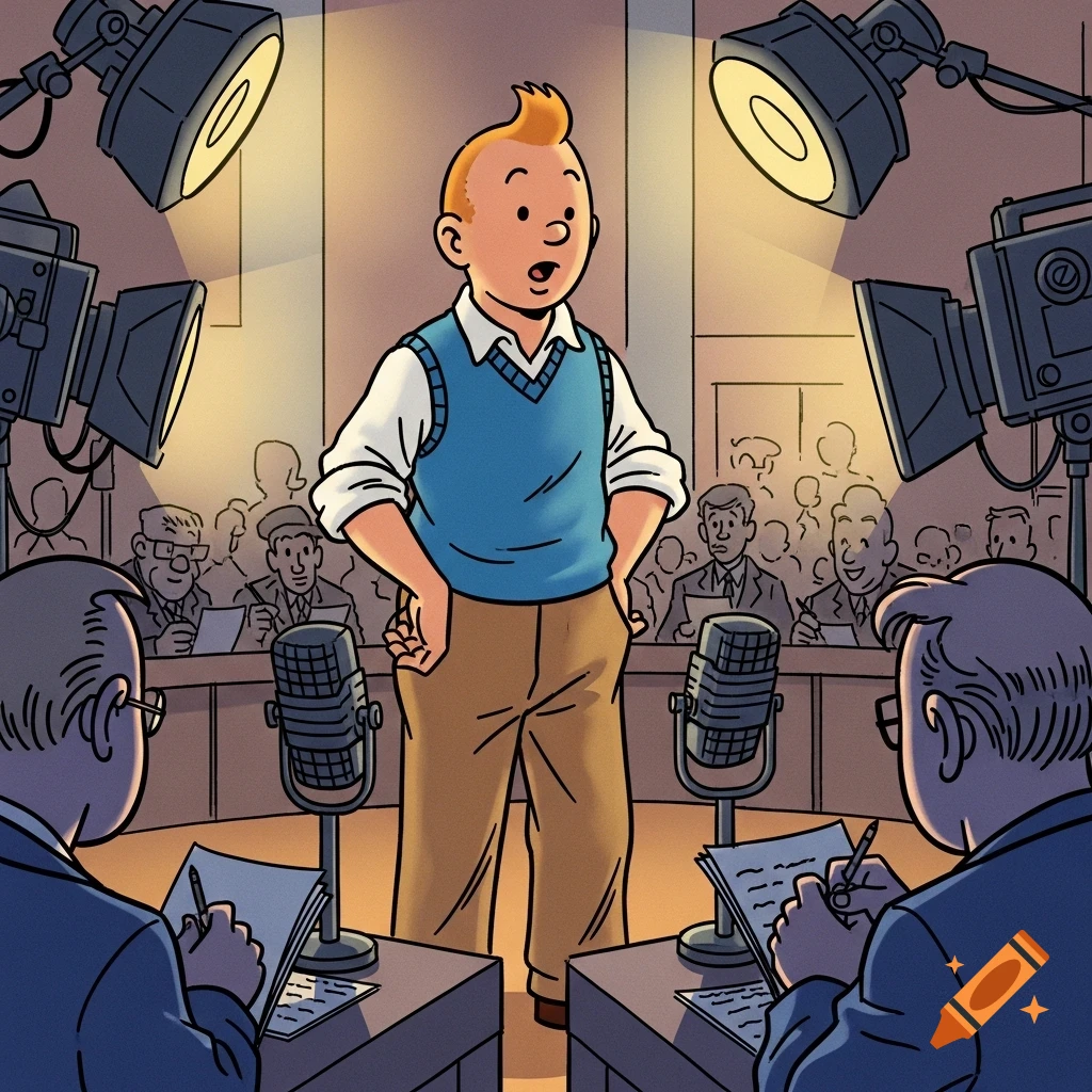 Tintin, a cartoon character with an orange quiff, stands at a podium under studio lights, interviewed by reporters in comic style.