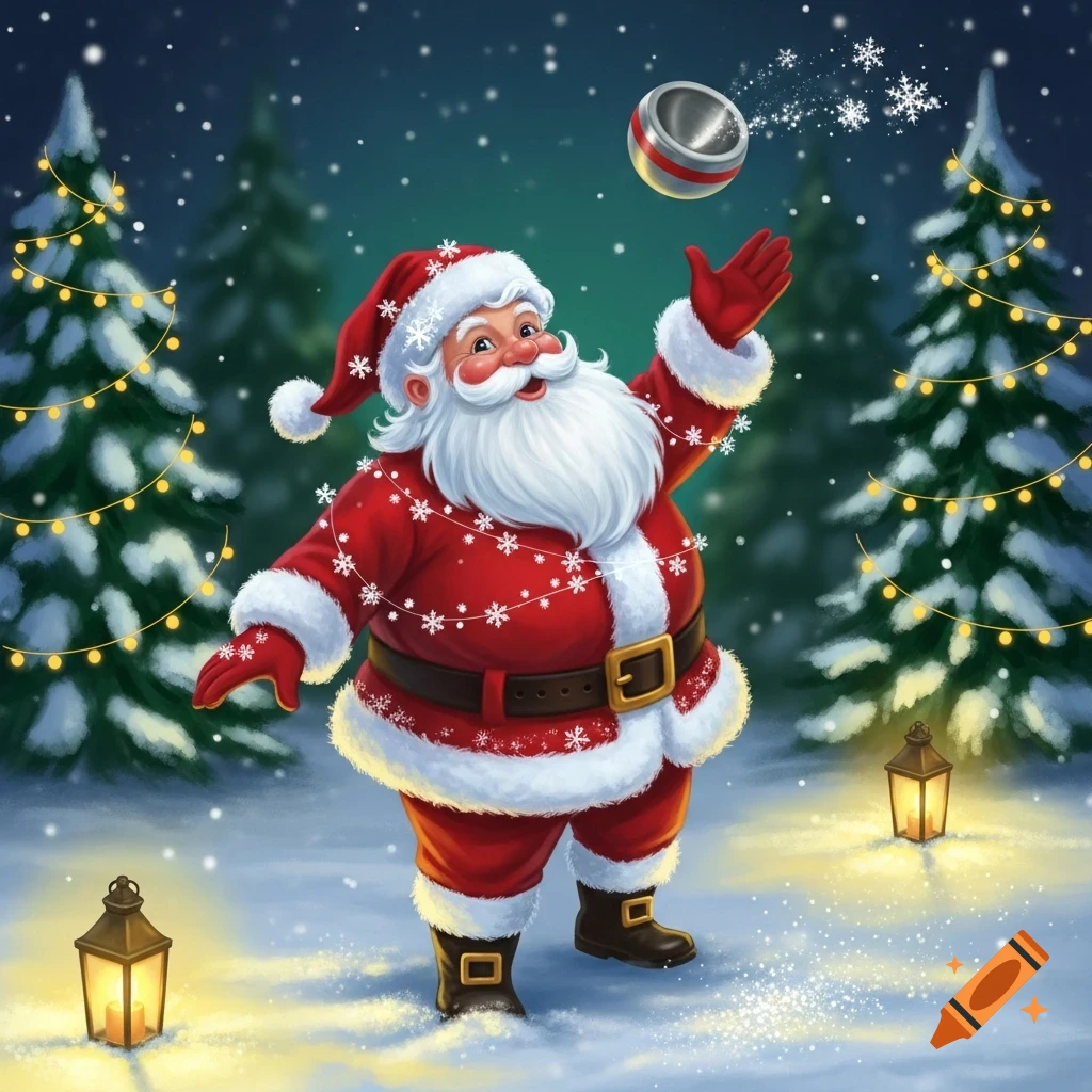 Smiling Santa Claus throwing a festive ornament in a snowy forest with illuminated Christmas trees and lanterns.