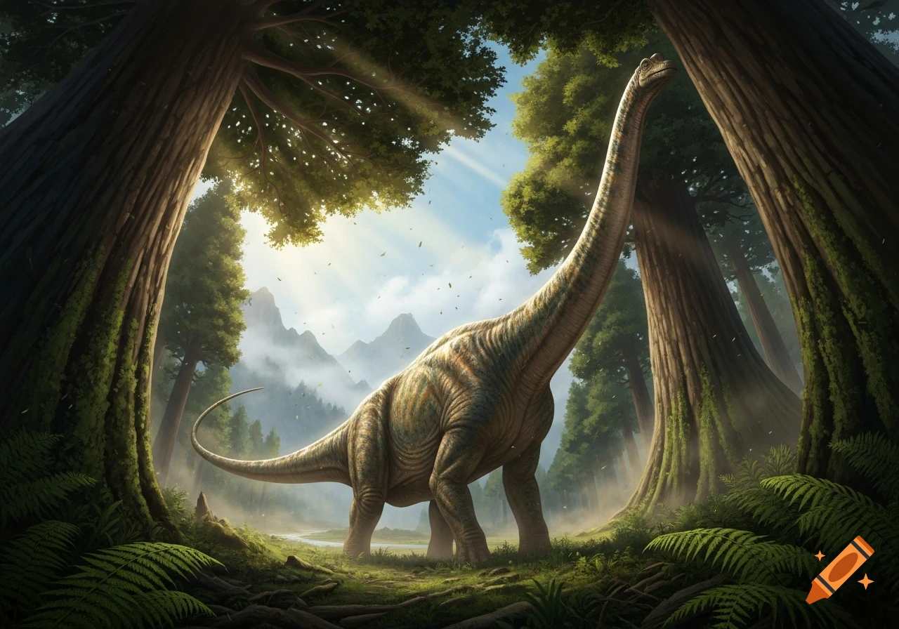 A majestic long-necked dinosaur stands in a lush, sun-dappled forest with towering trees and misty mountains.