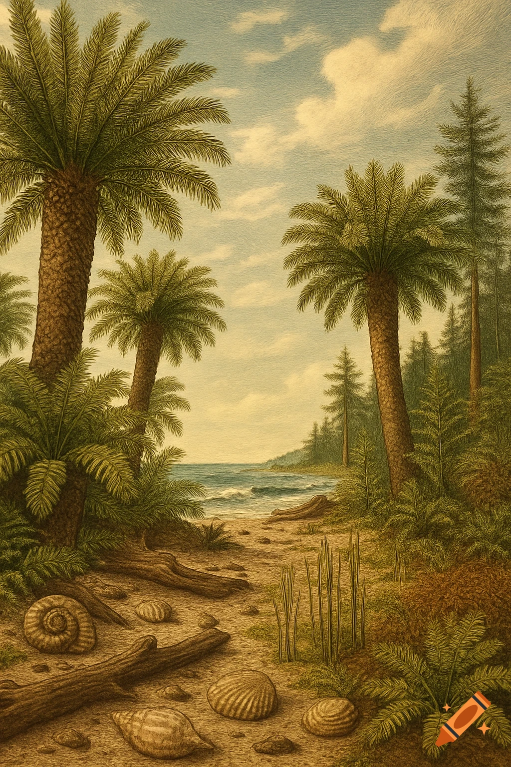 Vintage illustration of a prehistoric beach with palm trees, ferns, an ocean view, and ancient shells on the sand.
