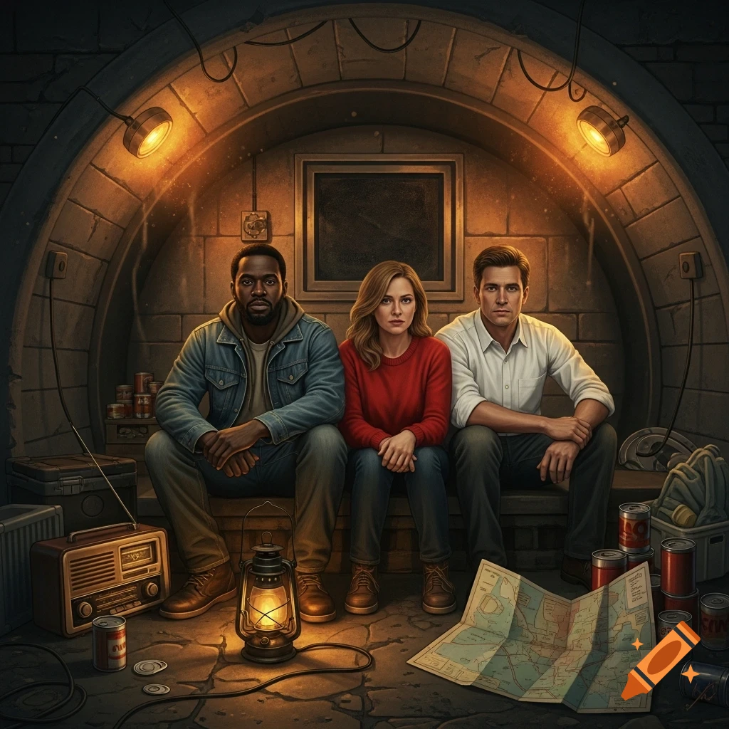 Three people, a Black man, a white woman, and a white man, sit side-by-side in a dimly lit, arched bunker, surrounded by supplies like canned goods, a radio, a lantern, and a map.