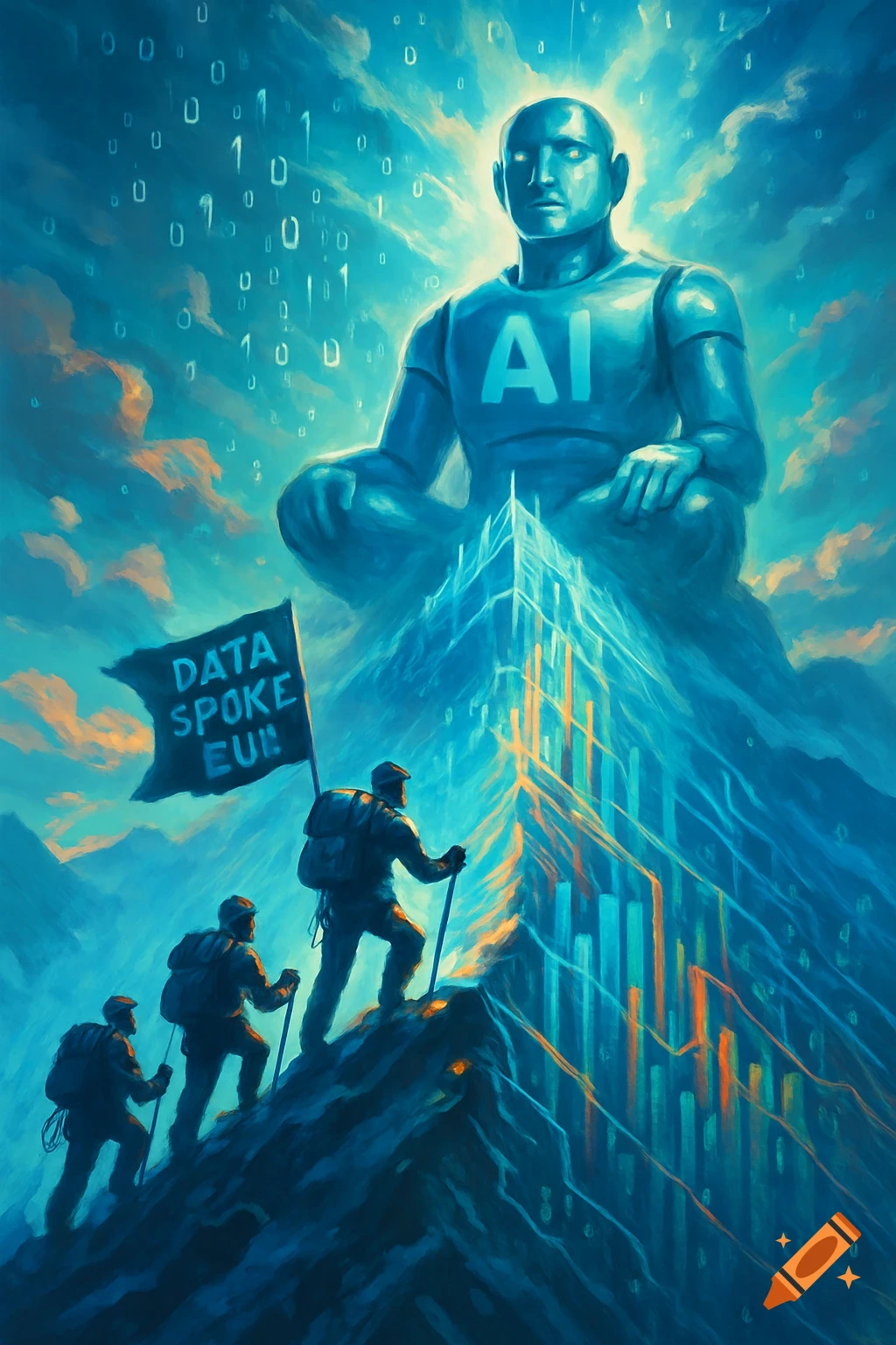 Three mountaineers climb a data mountain towards a giant meditating AI figure under a sky of binary code, digital painting.