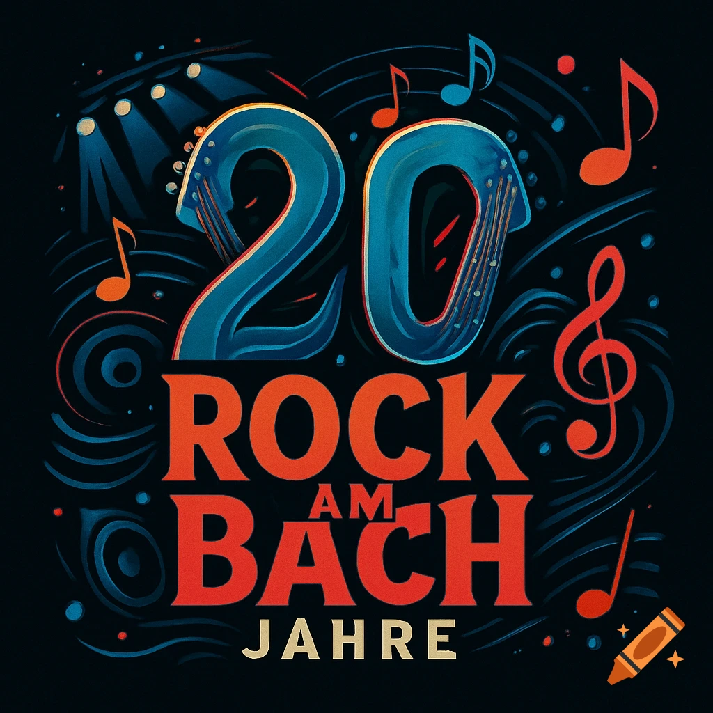 Logo for '20 Jahre Rock am Bach' with stylized blue '20', orange text, musical notes, and stage lights on dark background.