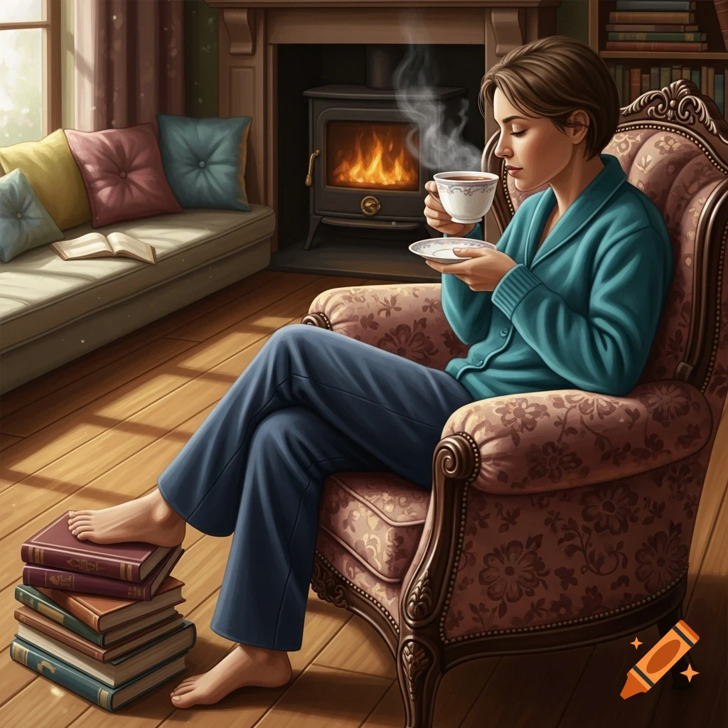 A woman sips tea in a patterned armchair, her bare feet resting on books in a cozy room with a fireplace. Illustrative style.