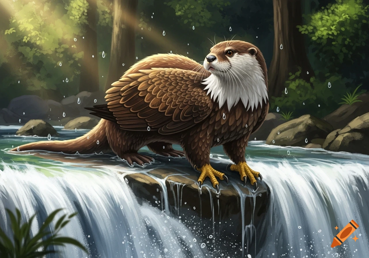 An otter-eagle hybrid stands on a rock in a river with a waterfall, surrounded by lush forest.