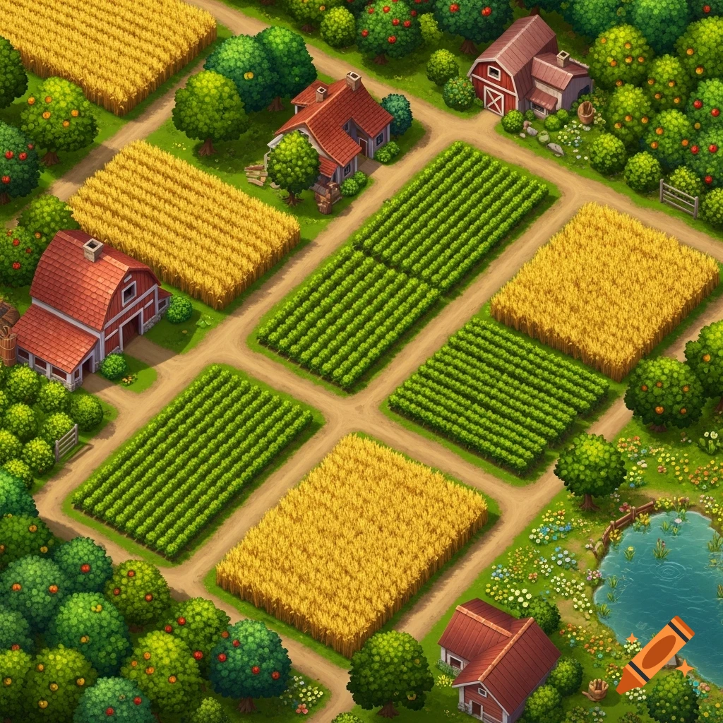 Top-down isometric view of a vibrant farm with cultivated fields, barns, houses, fruit trees, and a small pond.