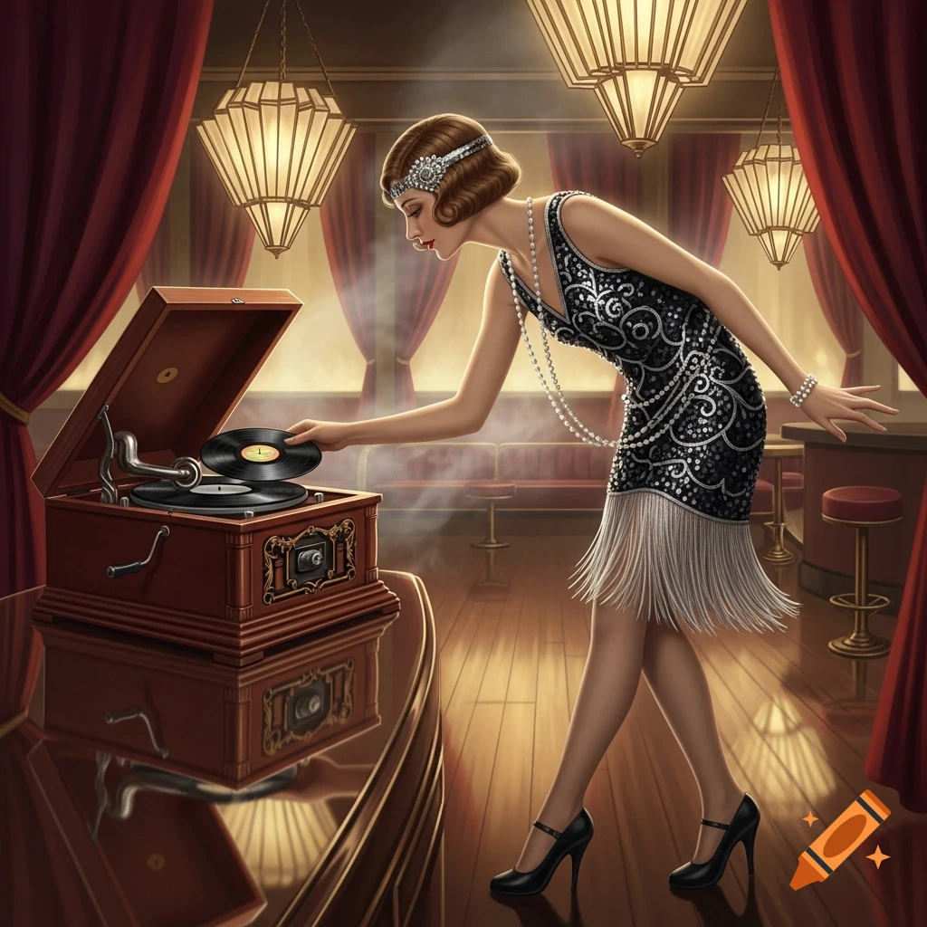 A woman in a flapper dress places a record on a vintage phonograph in a dimly lit, luxurious 1920s room.