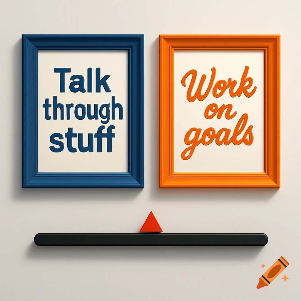 Two framed quotes 'Talk through stuff' and 'Work on goals' above a black shelf with a red triangle.
