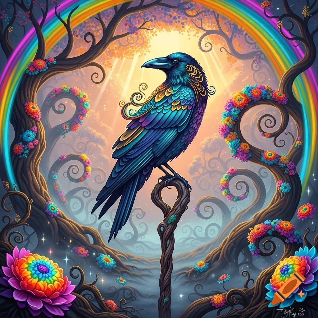 A vibrant, iridescent crow with colorful feathers perches on a whimsical branch in a psychedelic fantasy forest under a rainbow arch.