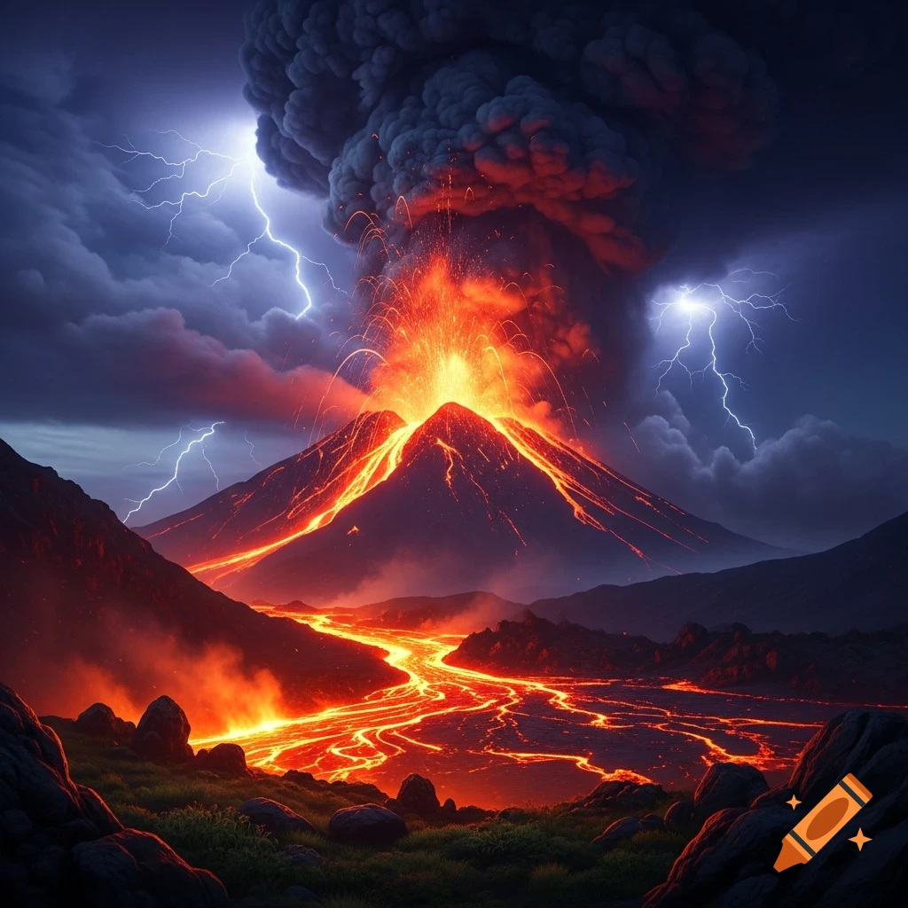 A dramatic night view of a volcanic eruption, with glowing lava flowing down the mountain and rivers, under stormy skies with lightning.