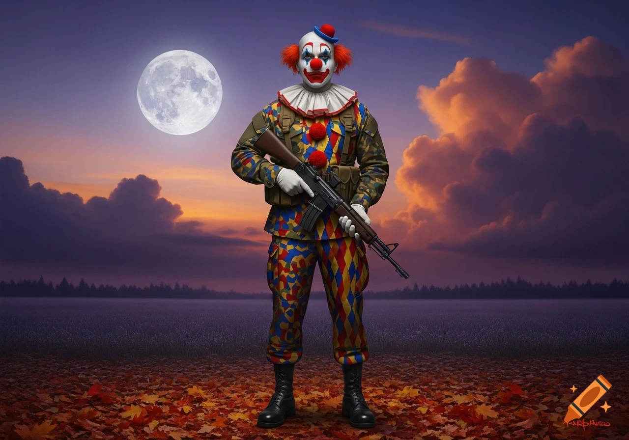 A creepy clown in a military jacket and harlequin pants holds a rifle in an autumn field under a full moon at sunset.