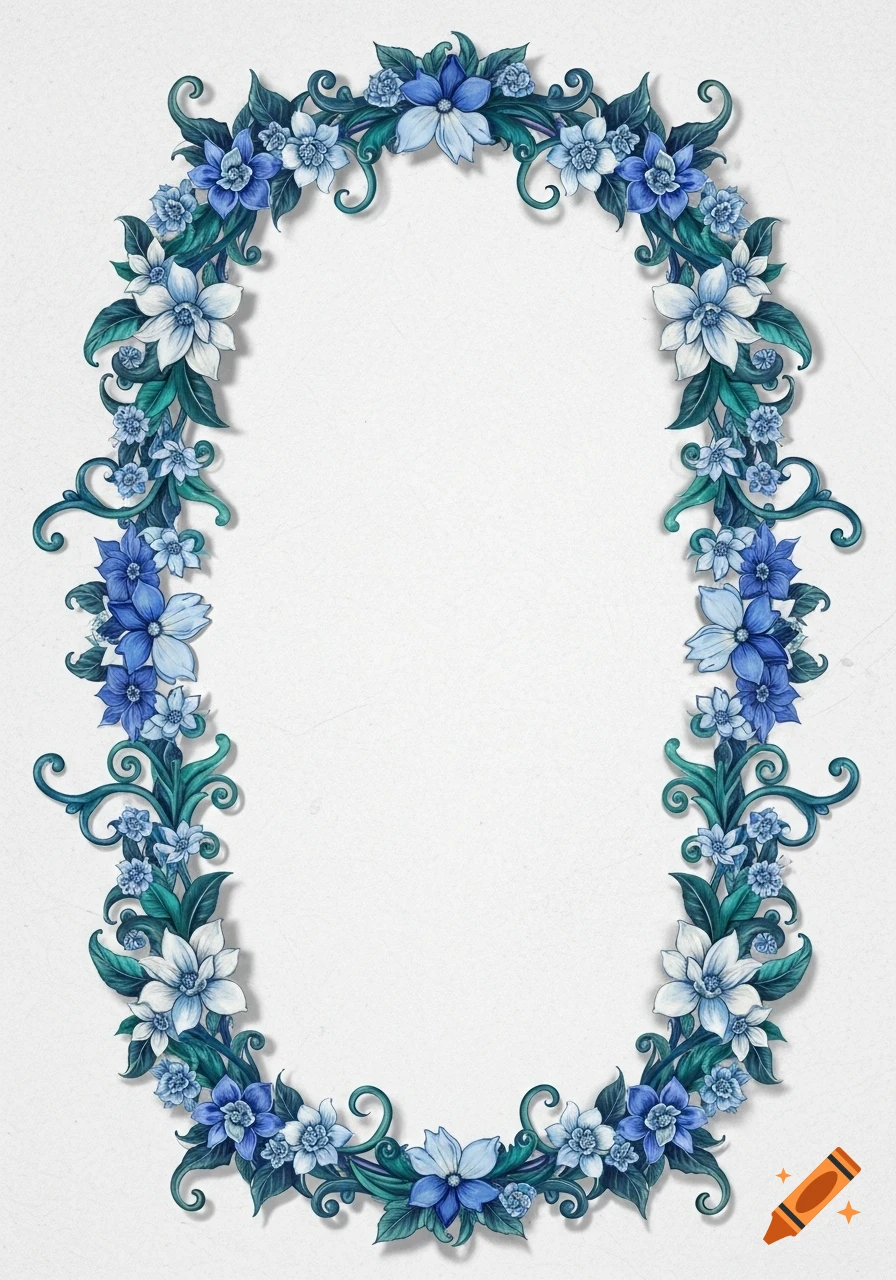 A decorative oval border made of blue and white flowers and green leaves with ornate scrolls on a white background.