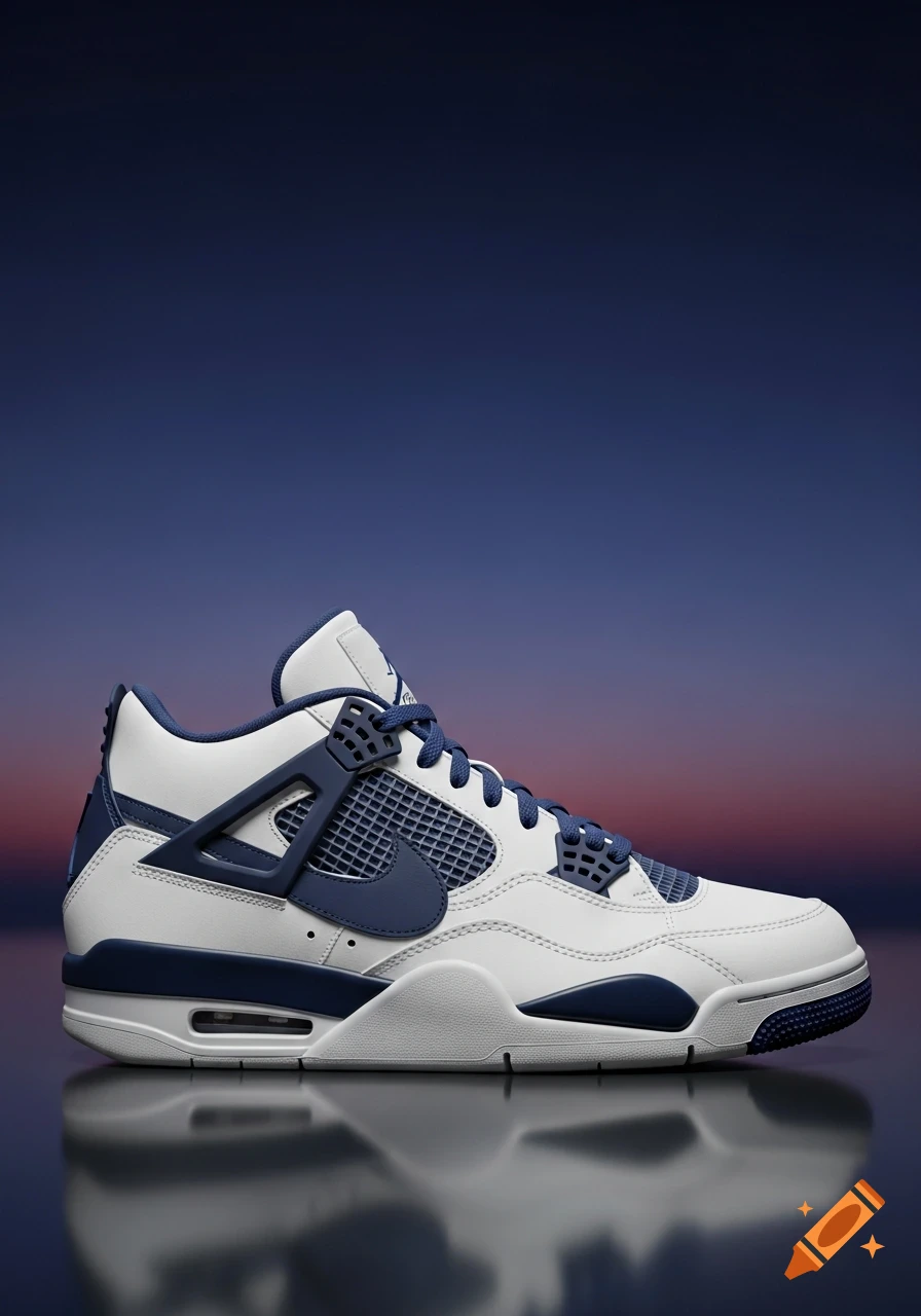 A photorealistic image of a white and navy blue sneaker with a reflective surface, set against a dark gradient background.