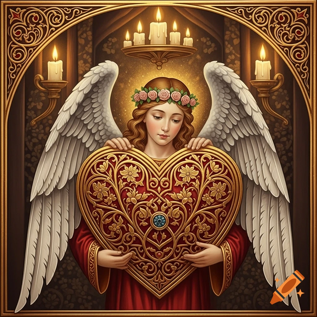 An angel with a rose wreath and large white wings holds a gold and red ornate heart, framed by candles in a medieval art style.
