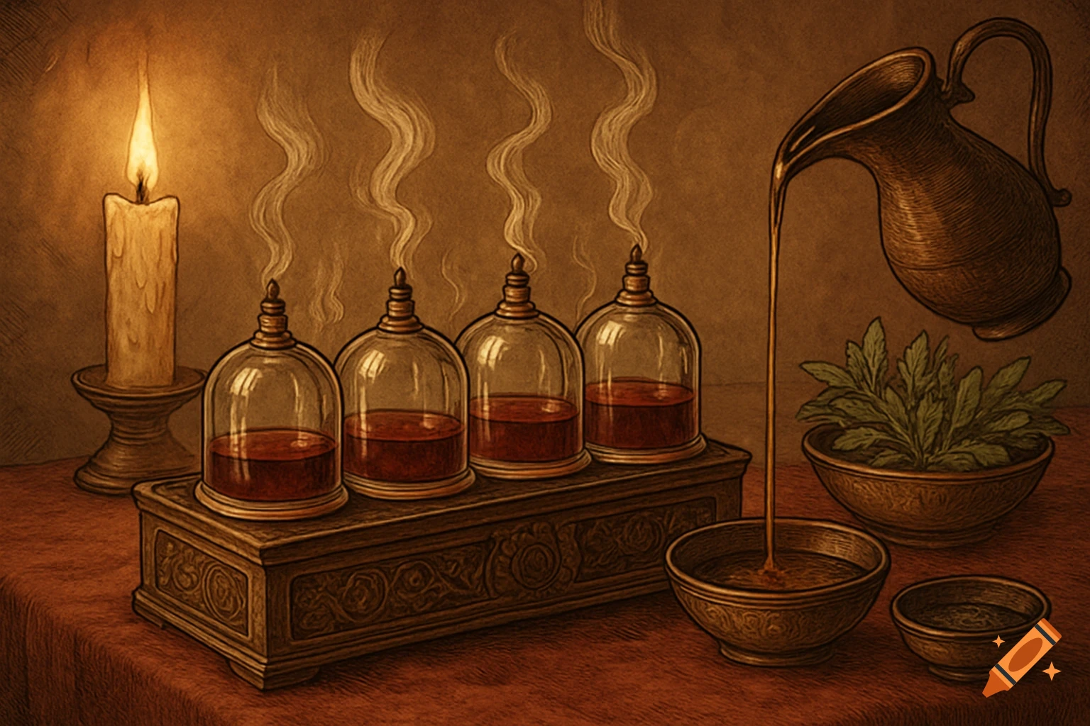 A vintage-style illustration shows a lit candle, four glass jars with red liquid emitting smoke, a pitcher pouring liquid into bowls, and potted herbs on a table.