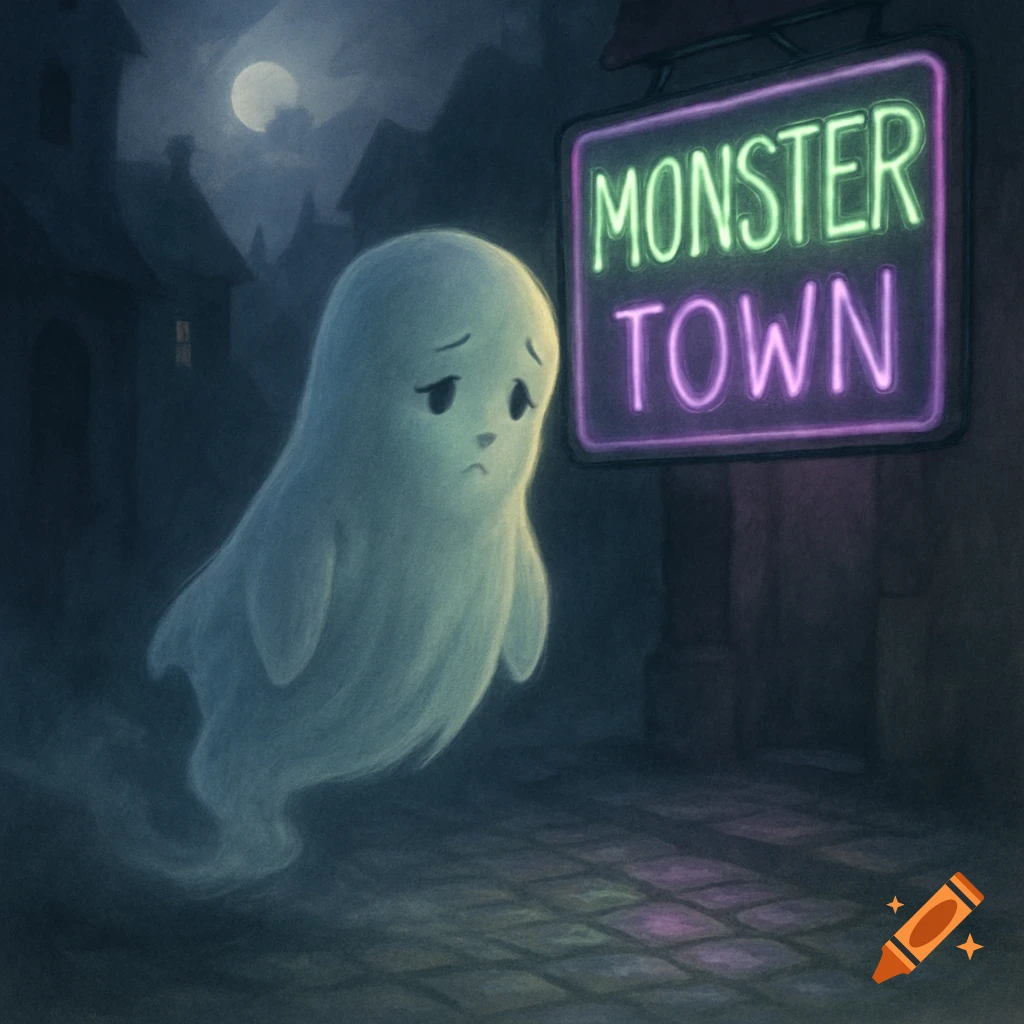 A shy, translucent ghost floats alone at night next to a glowing green and purple neon sign for 'Monster Town'.