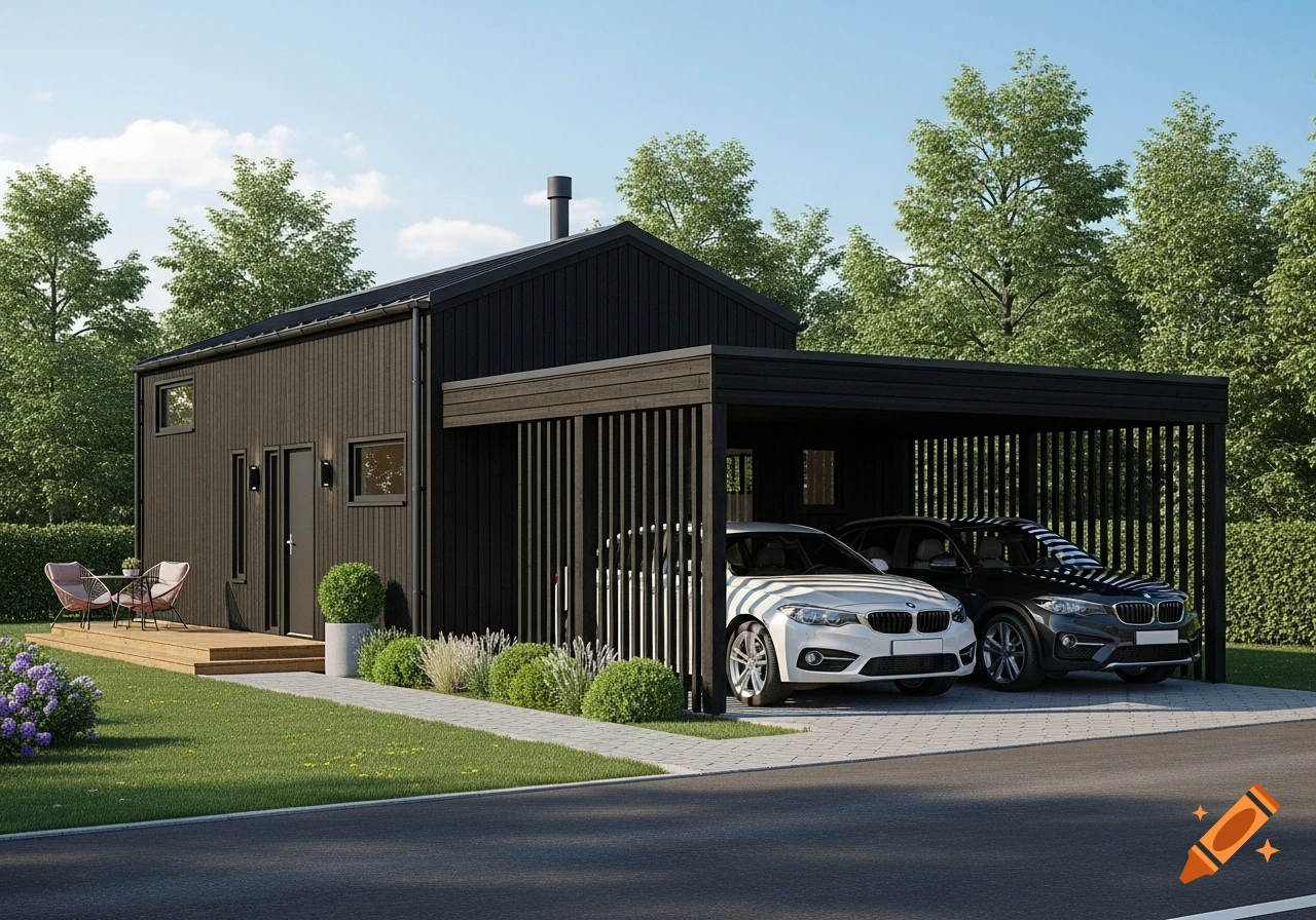 Photorealistic image of a modern dark wood house with an integrated carport holding a white and black car, a small deck, and a green lawn under a sunny sky.