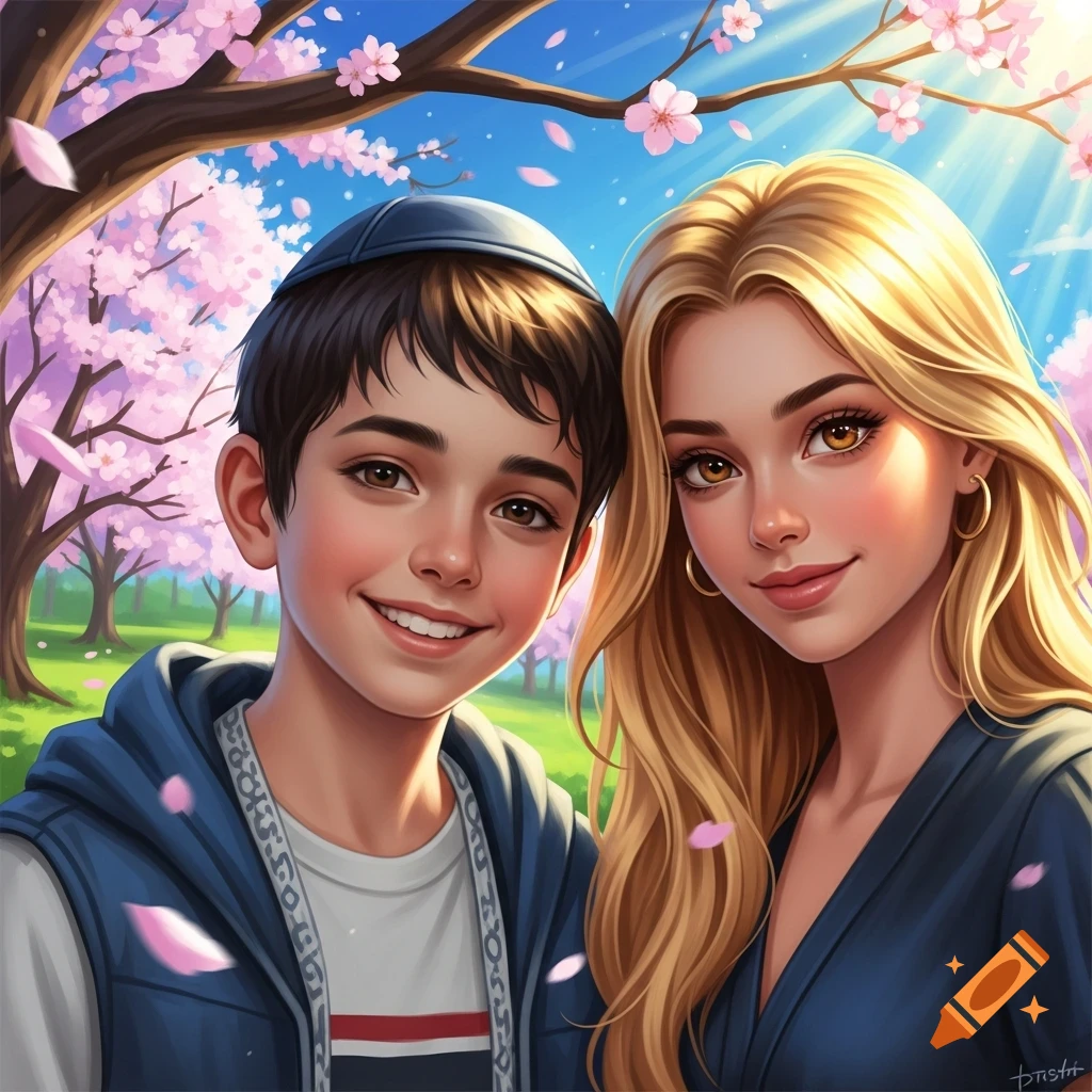 Illustrative portrait of a smiling boy in a kippah and a blonde girl in a cherry blossom park.