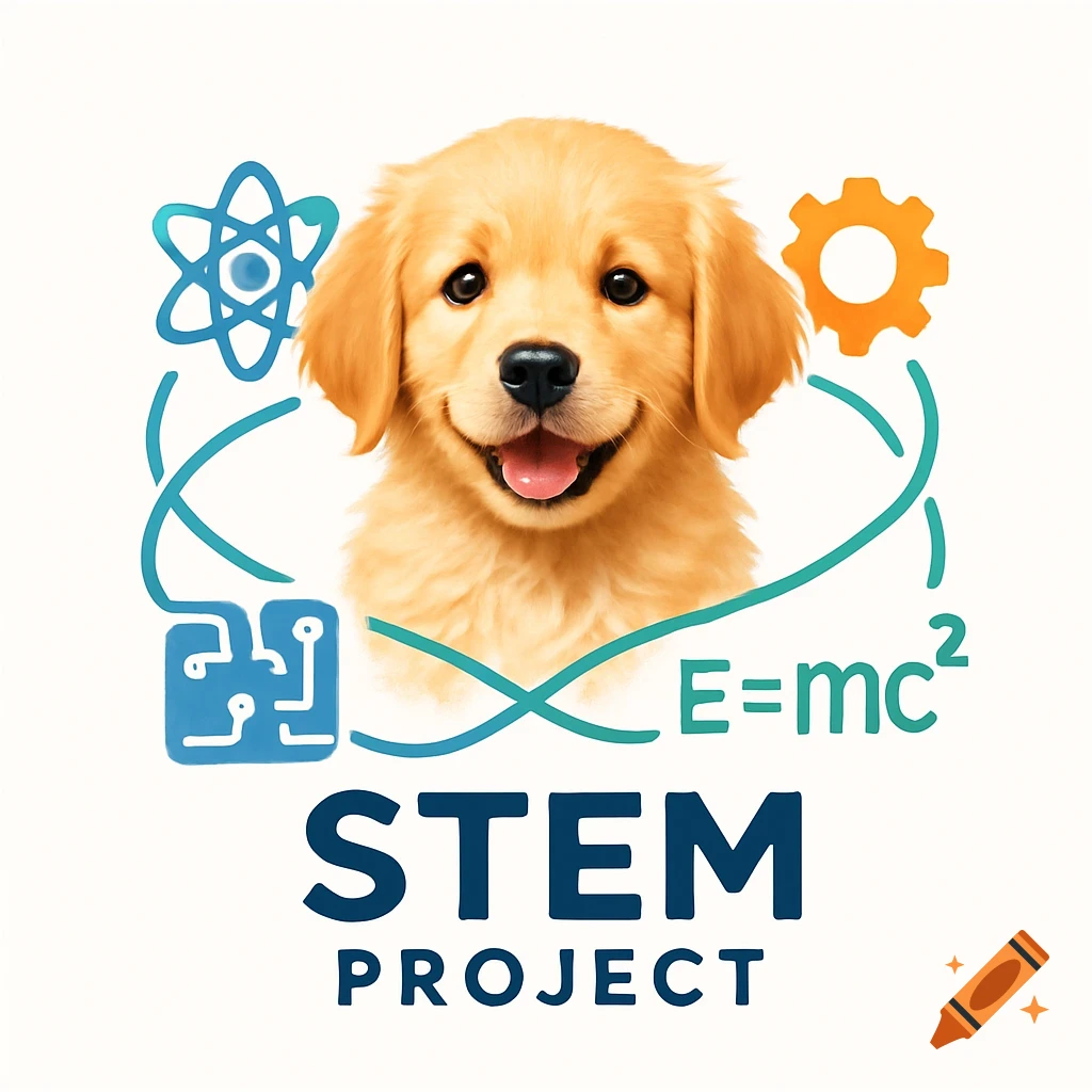 Logo featuring a smiling golden retriever puppy surrounded by STEM symbols and text 'STEM PROJECT' and 'E=mc²'.