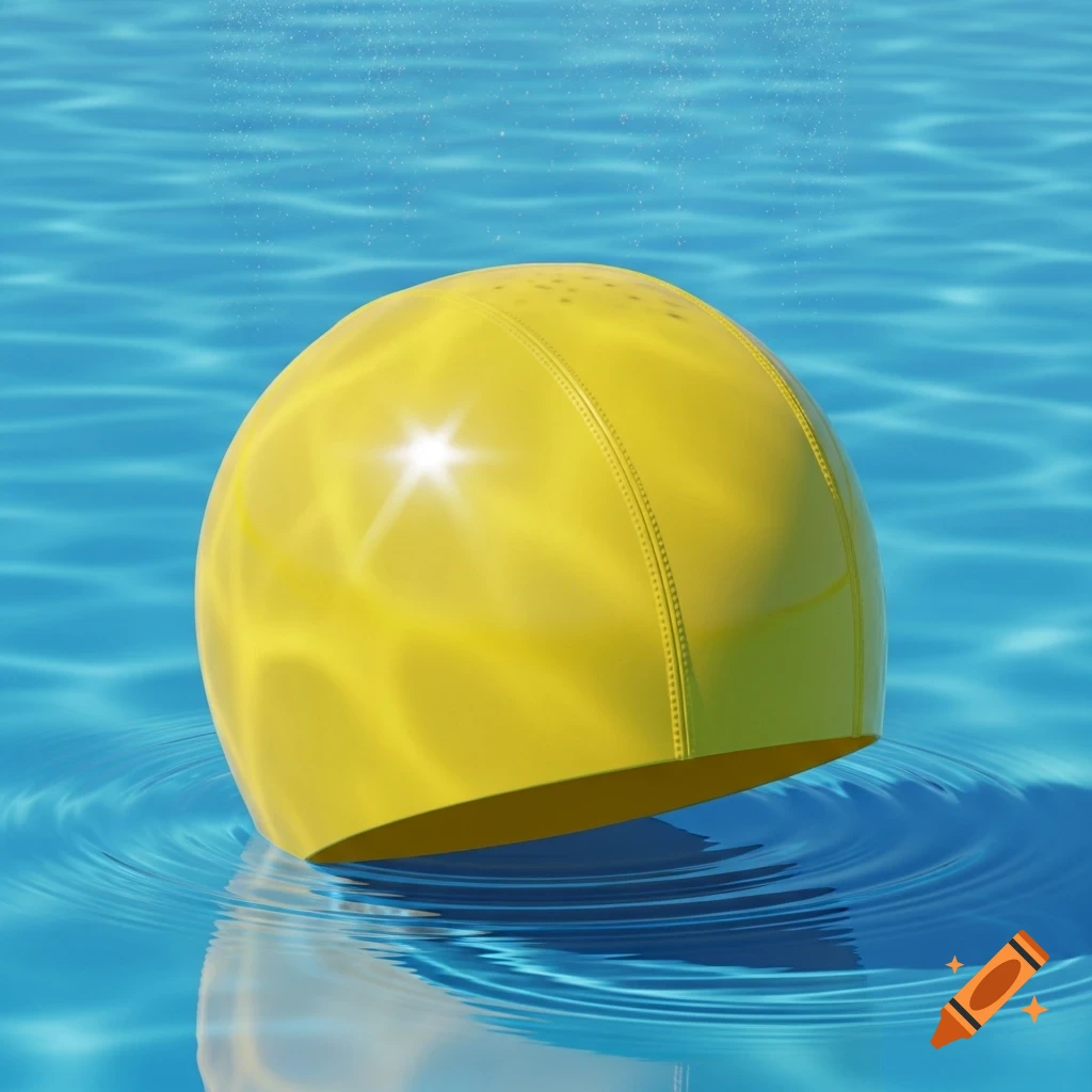 A bright yellow silicone swim cap floats on blue water, creating ripples.