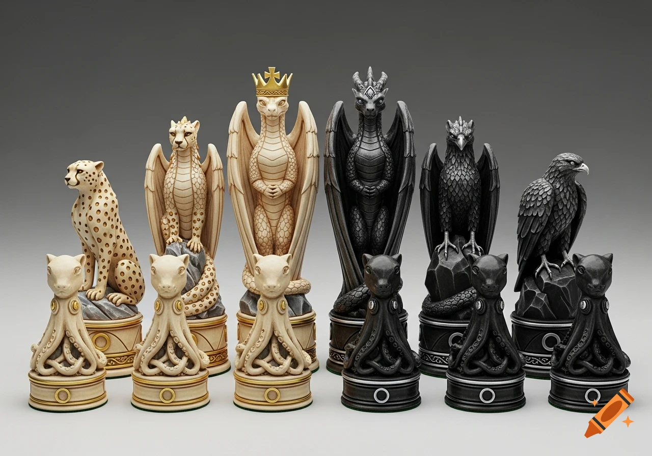 A full set of stylized chess pieces, featuring white and black armies crafted from stone-like materials. Pieces include dragons, cheetahs, eagles, and octopus-cat hybrid pawns on cylindrical bases.
