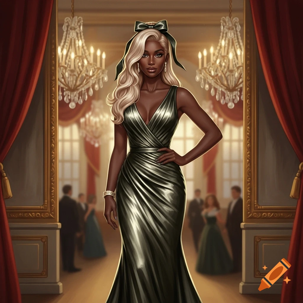 A black woman with blonde hair, dressed in a shimmering dark green gown with a bow in her hair, stands in a grand ballroom.