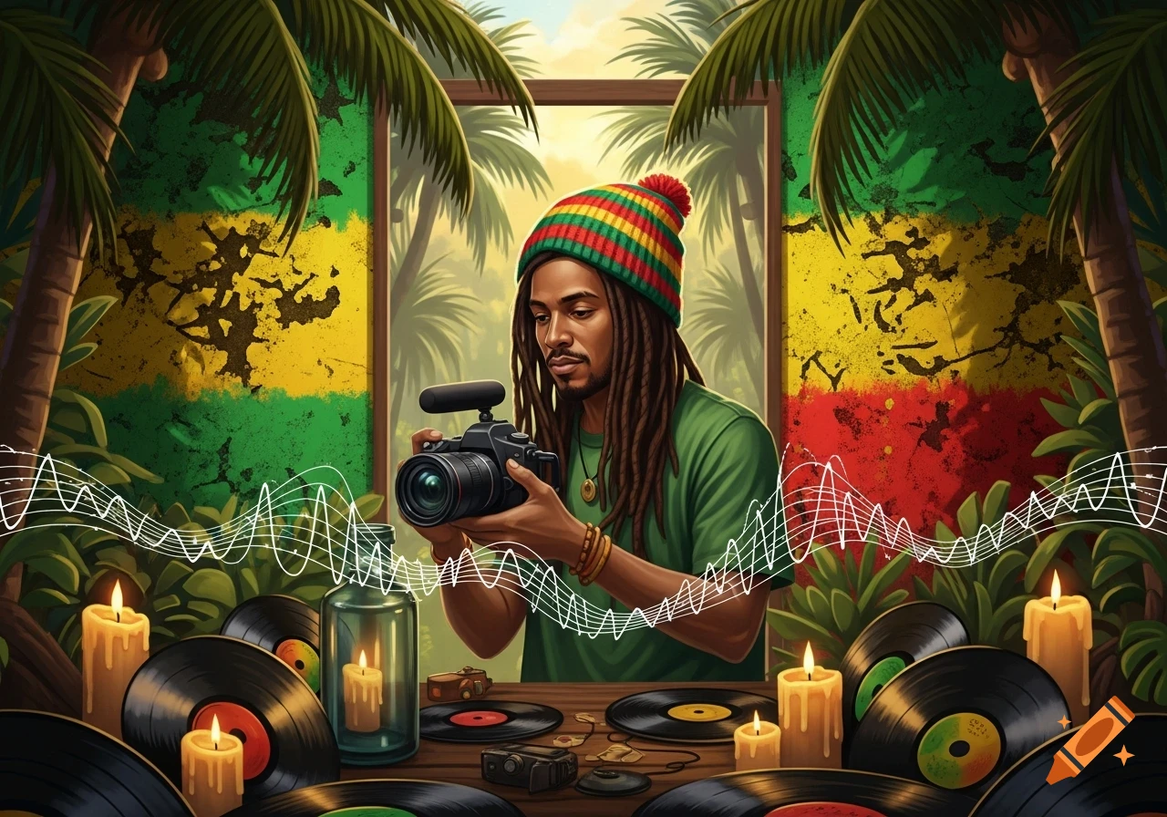 An illustrated man with dreadlocks and a rasta beanie holds a camera, surrounded by vinyl records, candles, and palm trees, with a red, yellow, and green flag background and a music waveform overlay.