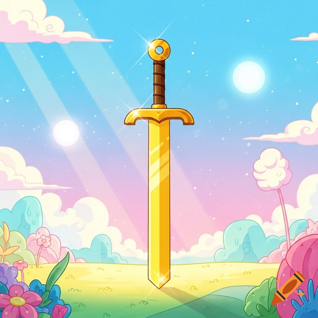 A sparkling golden sword stands upright in a whimsical, colorful cartoon landscape under a blue sky with pink clouds and two suns.