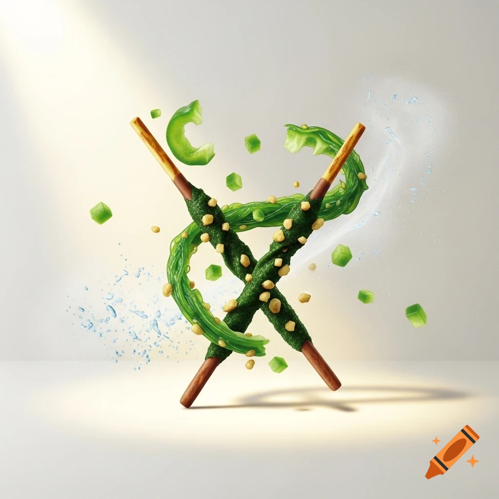 Two green-coated Pocky-like sticks cross, surrounded by green bell pepper pieces, wavy green elements, and water splashes on a light background. Photorealistic.