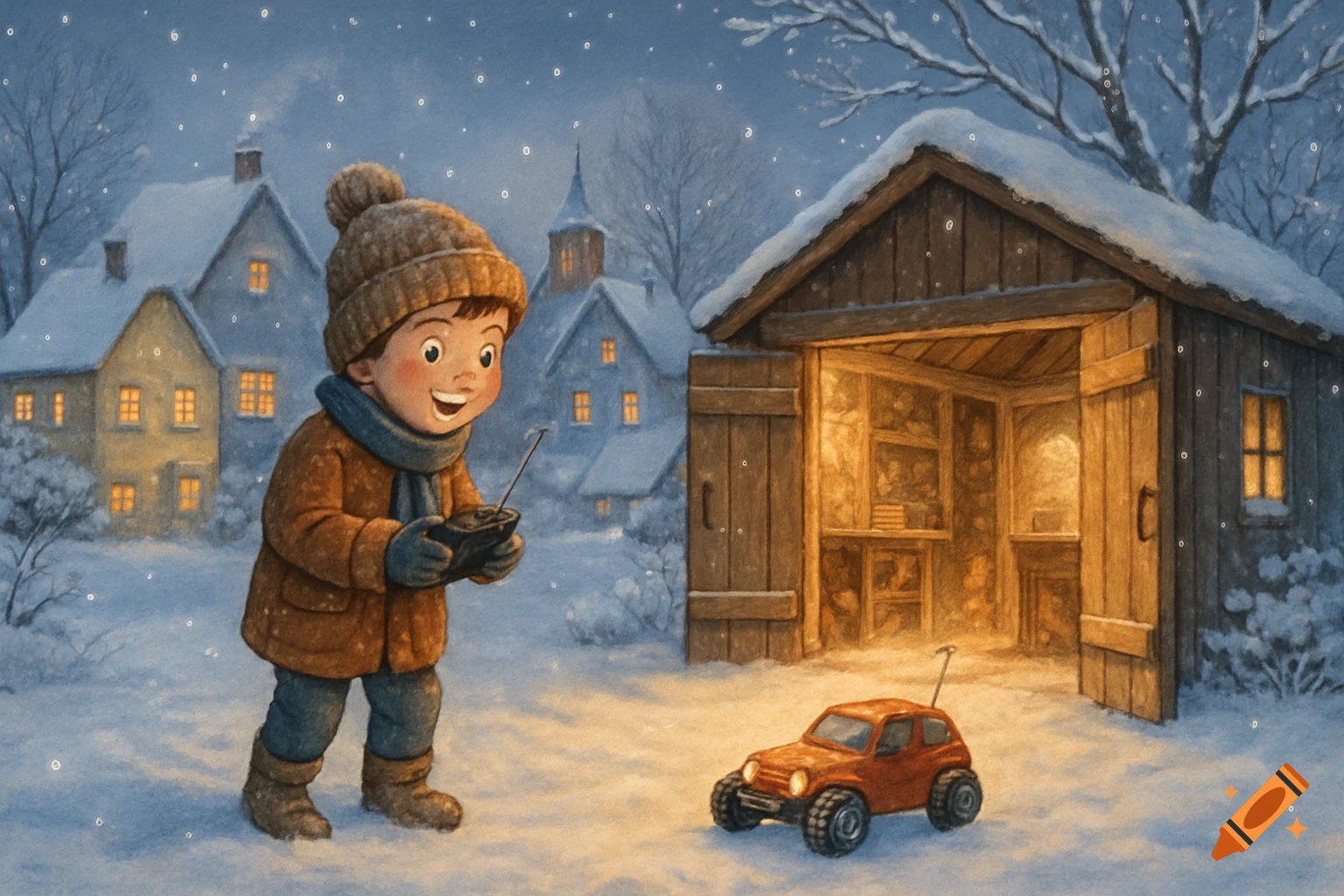 A happy boy in winter clothes plays with a red remote control car in the snow in front of a wooden shed in a snowy village, in an illustration style.