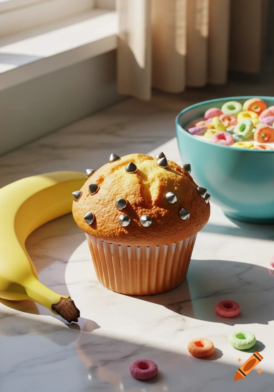 A photorealistic still life featuring a muffin with silver studs, a yellow banana, and a blue bowl of colorful cereal on a marble table.