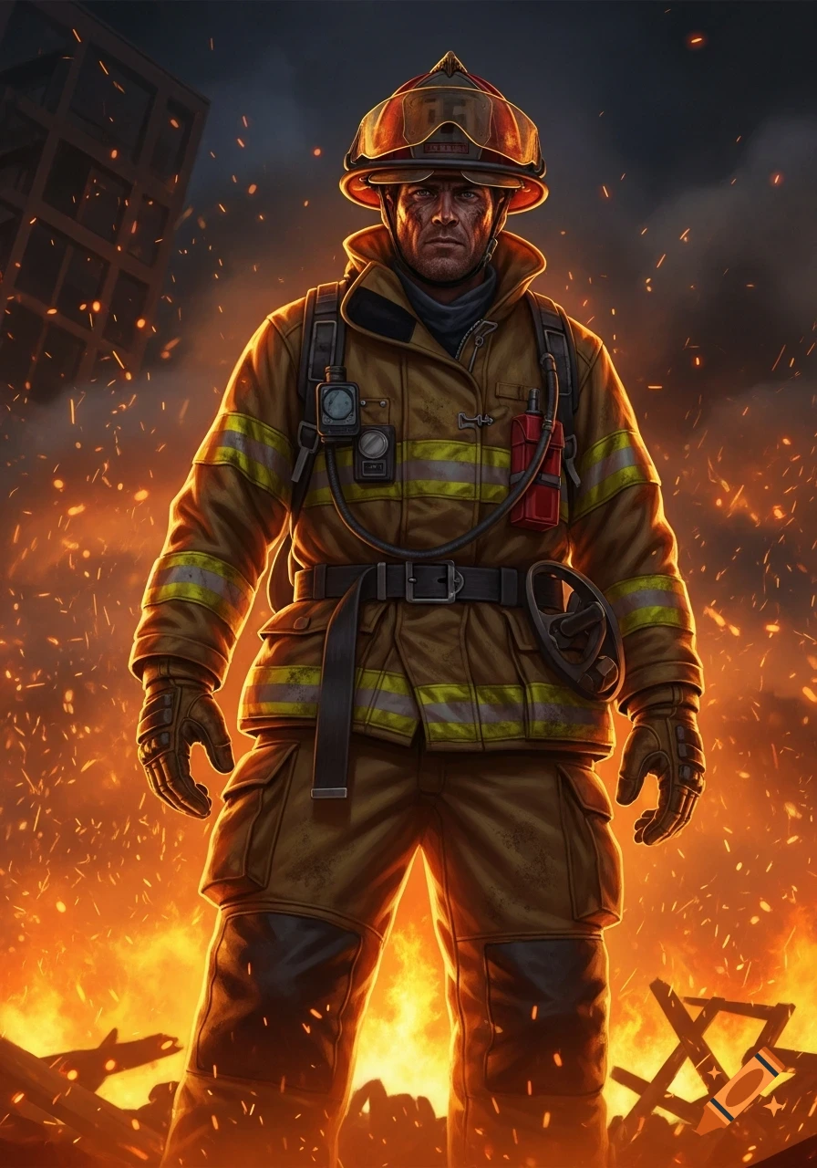 A determined firefighter stands amidst a fiery blaze, dressed in full protective gear.