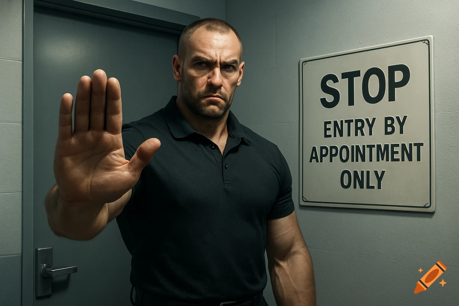 A muscular man in a black polo shirt holds his hand up, indicating "stop." Next to him, a sign reads "STOP ENTRY BY APPOINTMENT ONLY."