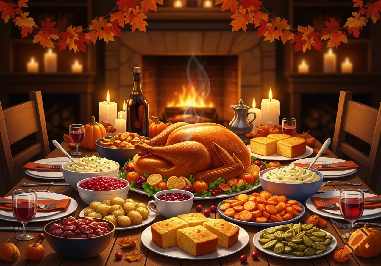 A beautifully set Thanksgiving dinner table with a roasted turkey, various side dishes, candles, and a fireplace in the background.