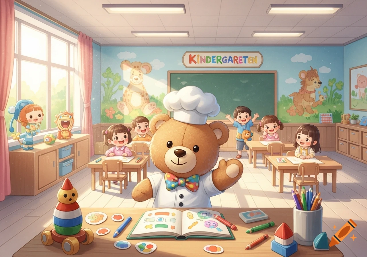A cartoon kindergarten classroom with smiling children and a large teddy bear chef at a desk, surrounded by colorful toys and drawings.