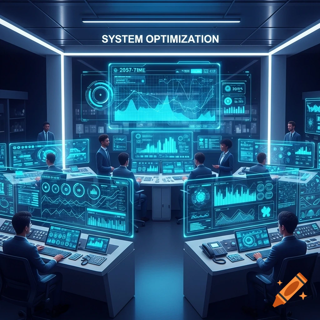 Futuristic control room with people monitoring glowing blue screens displaying data and graphs, 'SYSTEM OPTIMIZATION' text above.