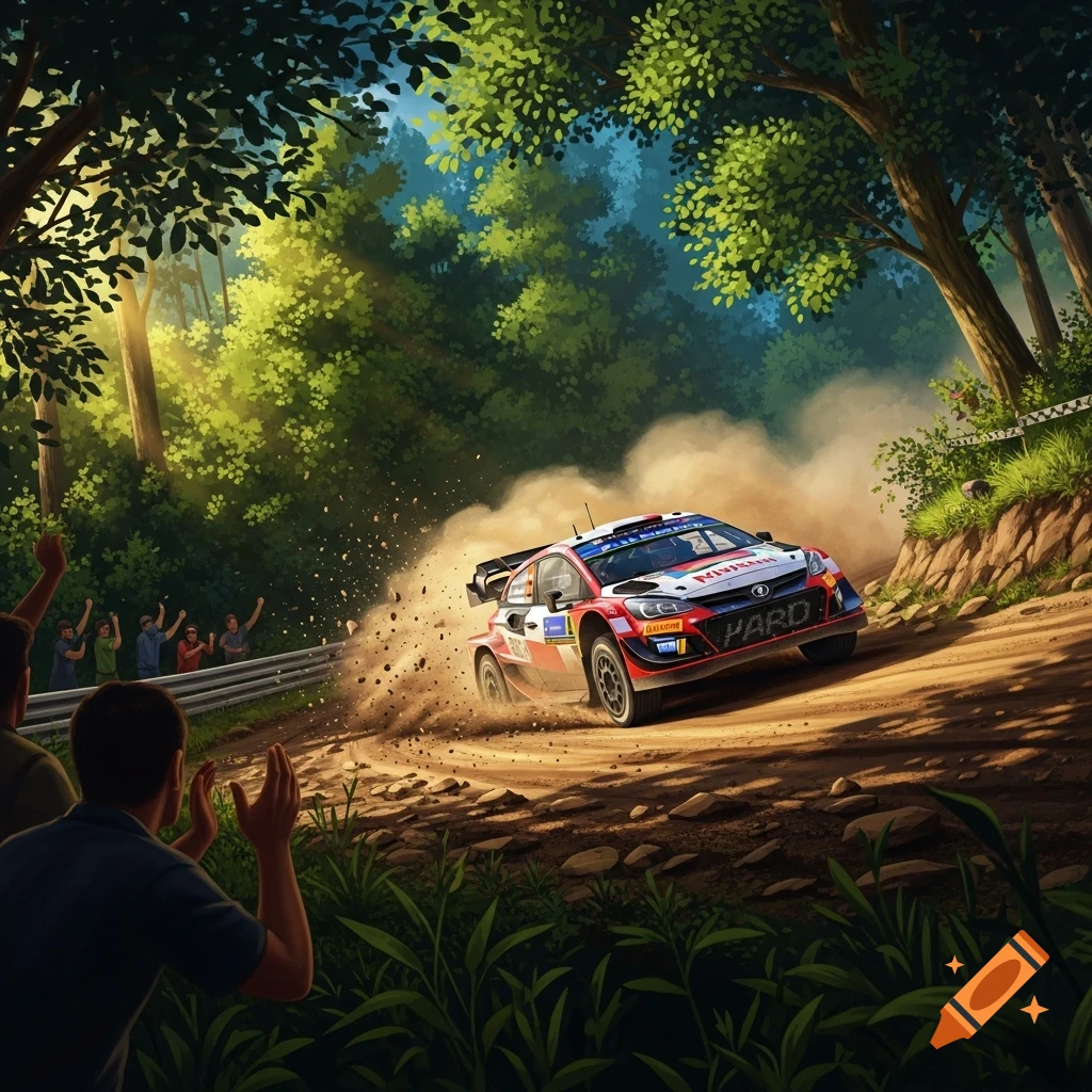An illustrated red and white rally car kicks up dust on a dirt track in a forest with cheering spectators.
