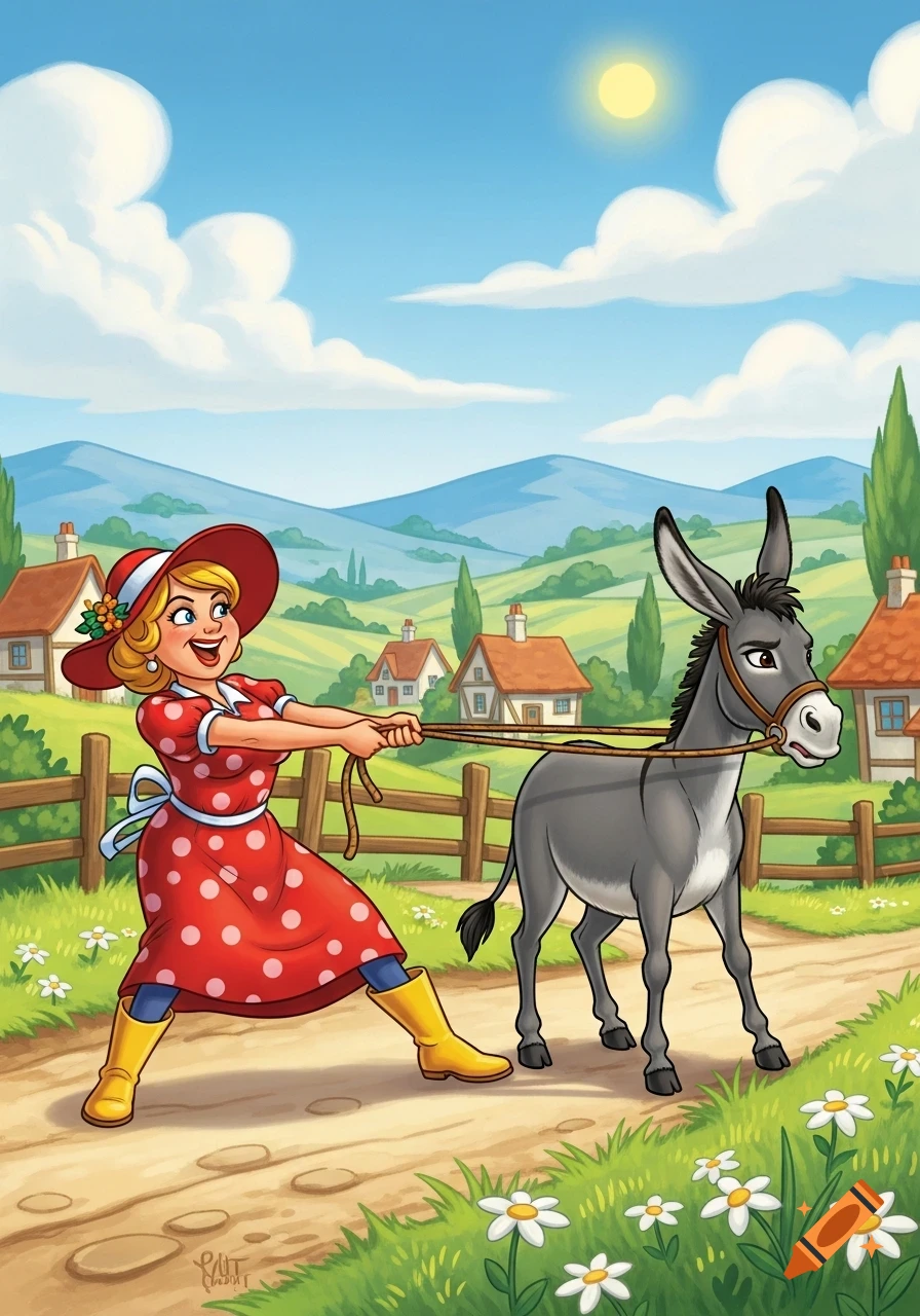 A cartoon woman in a red polka-dot dress pulls a stubborn gray donkey along a dirt path in a sunny rural landscape.