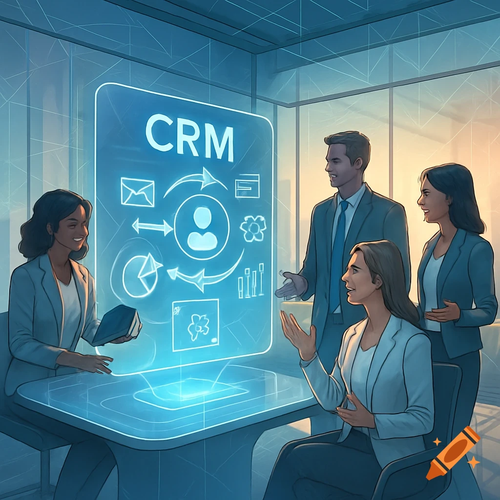 Four business professionals, two men and two women, in a modern office discussing a glowing holographic CRM display with icons and data.