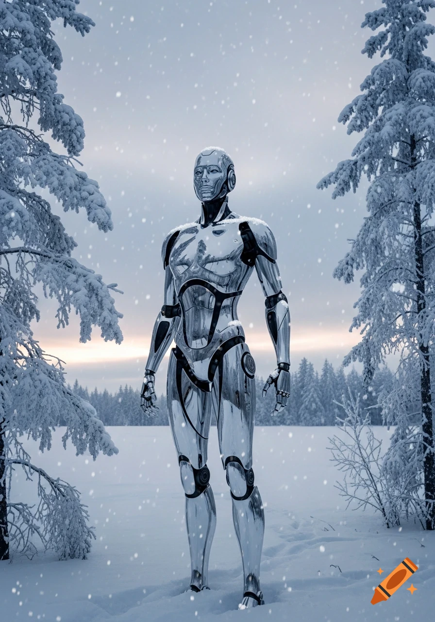 A tall, silver chrome robot stands in a snowy forest with pine trees, as snow falls.