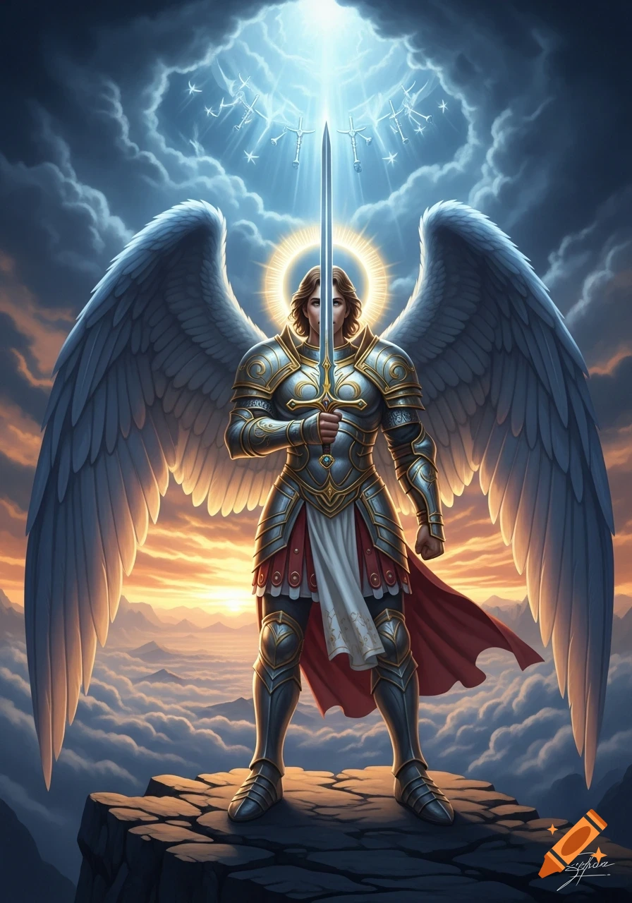 Archangel Michael in ornate armor and large wings, stands on a mountain ...