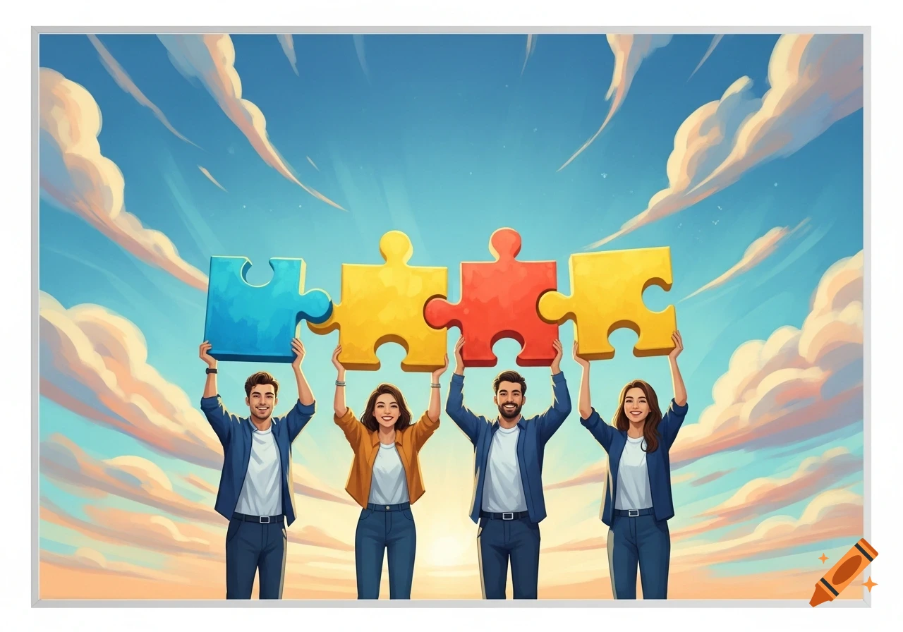 Four smiling people hold up four connected, colorful puzzle pieces against a blue sky with clouds, in a stylized illustration.