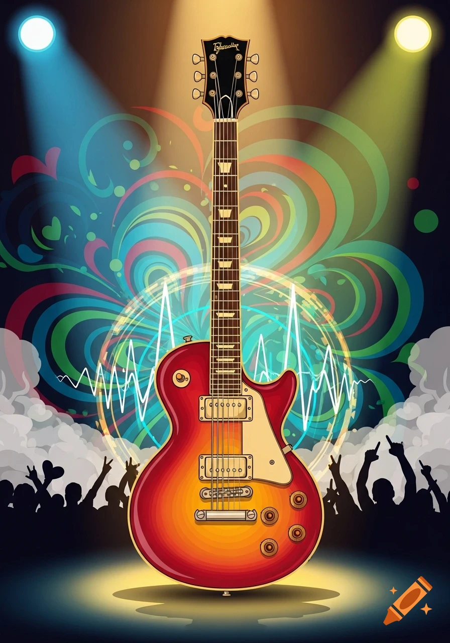 Vibrant vector illustration of a red and orange electric guitar illuminated on a stage with spotlights, a colorful swirling background, and silhouetted crowd.