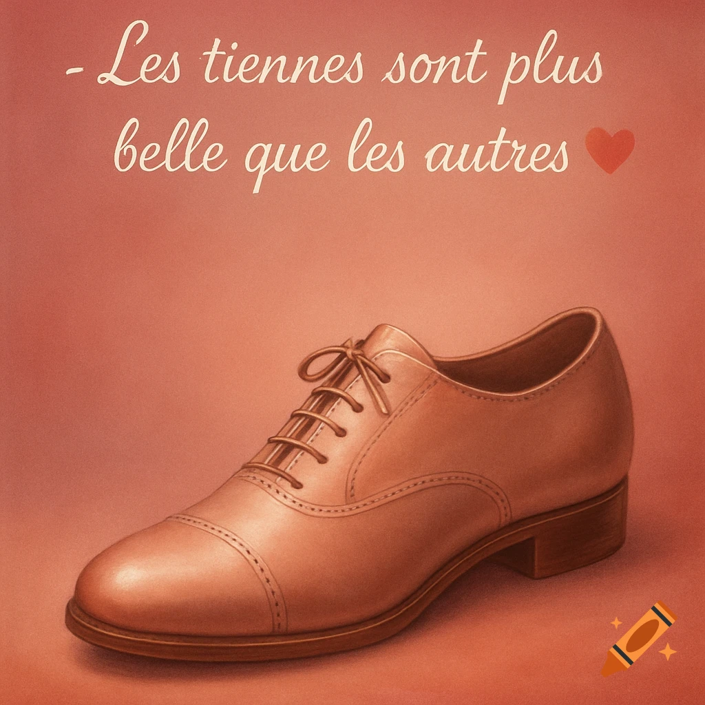 Stylized brown oxford shoe on a pinkish-red background with French text 'Les tiennes sont plus belle que les autres' and a red heart.