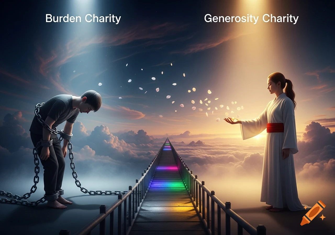 Conceptual image of a chained man for 'Burden Charity' and a woman releasing petals for 'Generosity Charity', over clouds with a rainbow bridge.