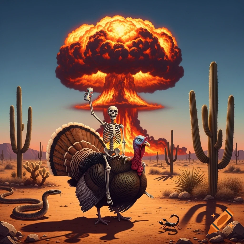 A skeleton holding a can rides a turkey through a desert landscape with saguaro cacti, a snake, a scorpion, and a distant mushroom cloud under a colorful sky.
